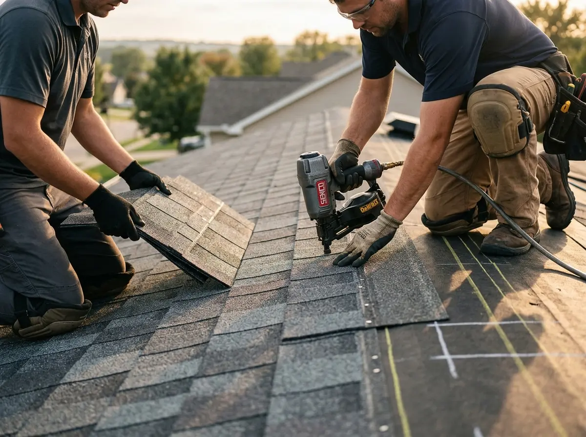 Professional roofer working on a residential roof in Palmer Ranch